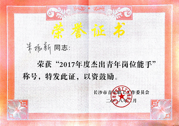 米乐M6智能朱振新荣获长沙市2017年度优异青年岗位能手